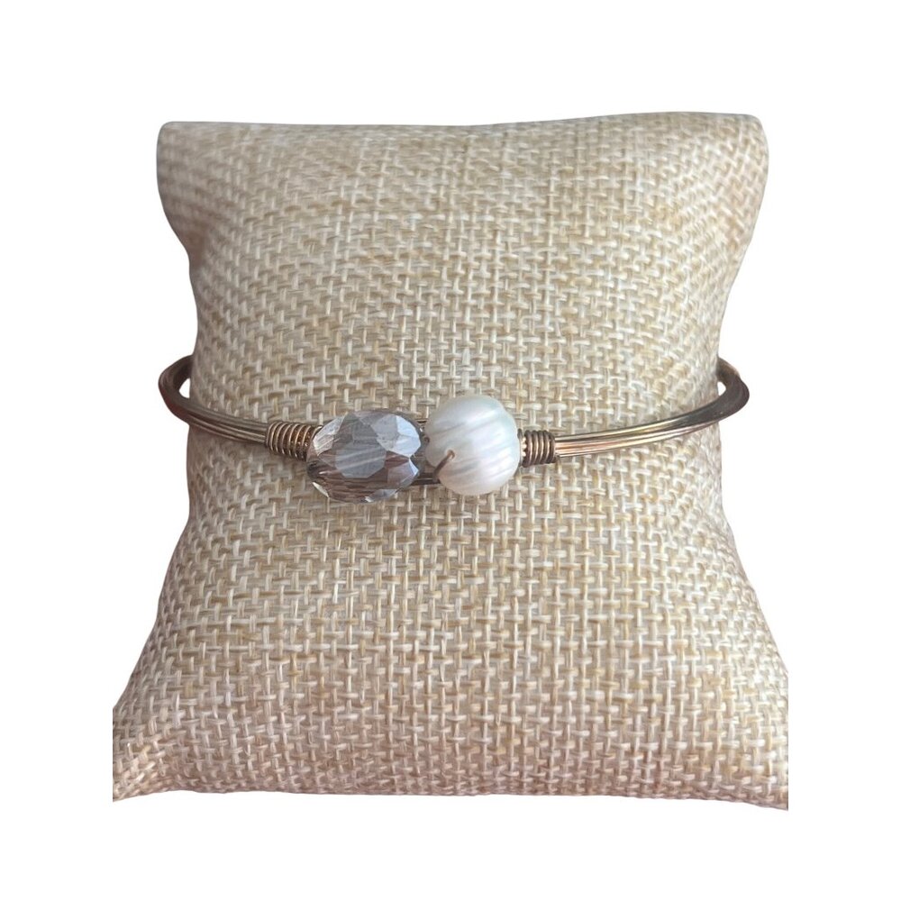 Gold Tone Wire Bangle Bracelet Genuine Pearl Glass Bead Stations Stack 8"